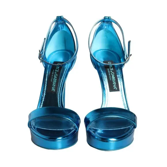 Dolce & Gabbana Metallic Blue Leather Keira Sandals Shoes